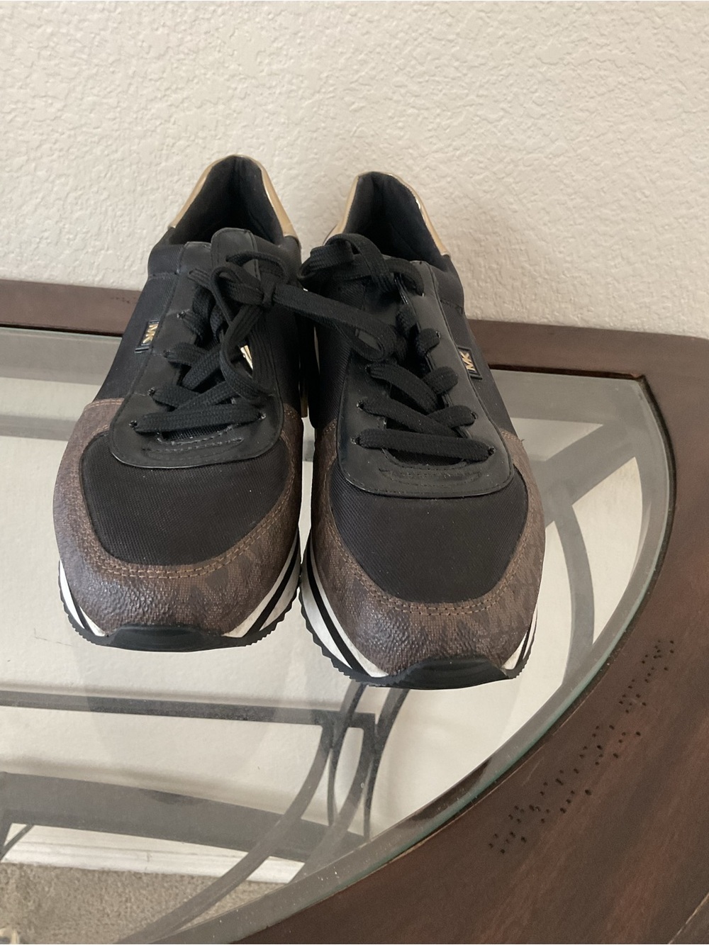 Michael Kors Black and Brown Platform Sneakers with Gold Trim - Picture 2 of 9